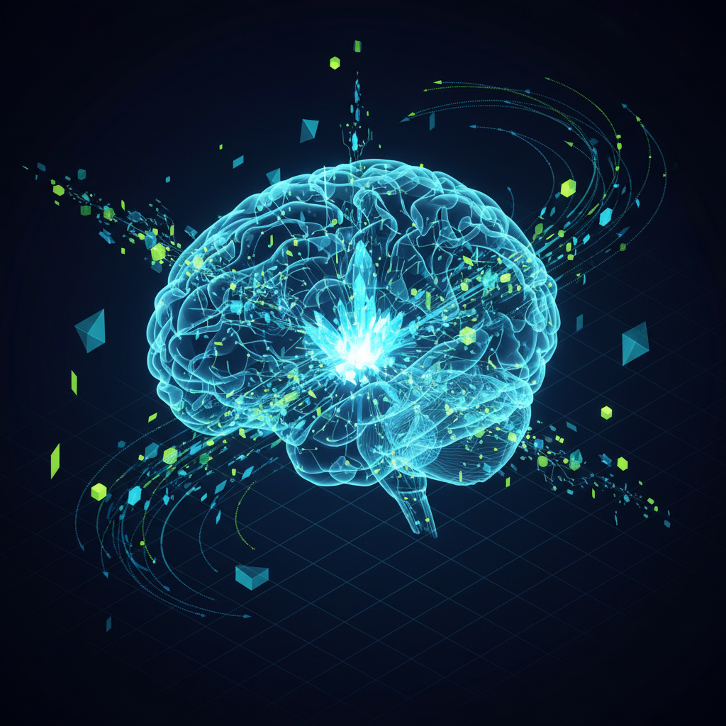 Abstract illustration of machine learning, showing data flowing into a glowing neural network brain, symbolizing learning and pattern recognition.