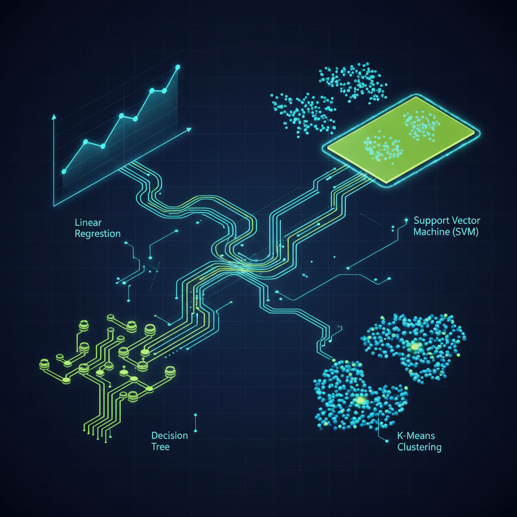 Visualizing various machine learning algorithms like linear regression, decision trees, SVMs, and K-means clustering.