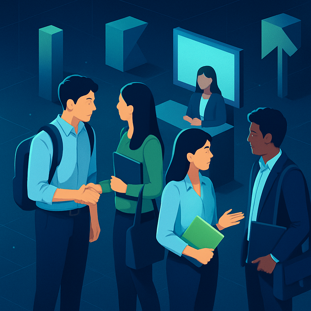 Interns interacting at a career fair.